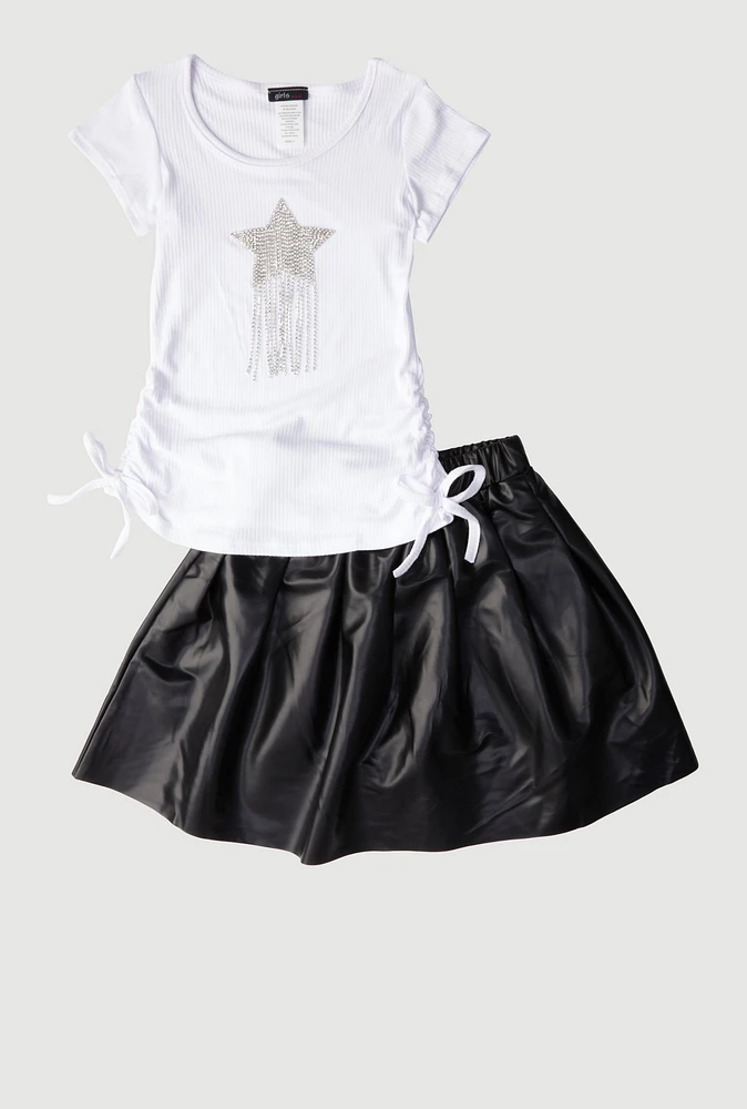 Little Girls Rhinestone Fringe Star Top and Faux Leather Skirt, Multi, Size 6X