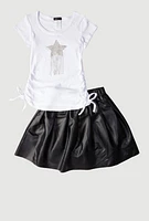 Little Girls Rhinestone Fringe Star Top and Faux Leather Skirt, Multi, Size 5-6