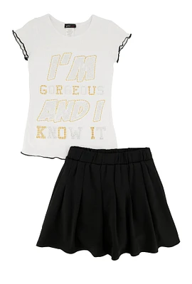 Little Girls Im Gorgeous 3D Graphic Tee and Pleated Skirt, Black, Size 4