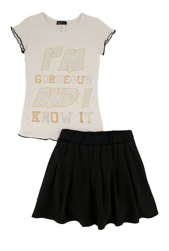 Little Girls Im Gorgeous 3D Graphic Tee and Pleated Skirt, Black, Size 5-6