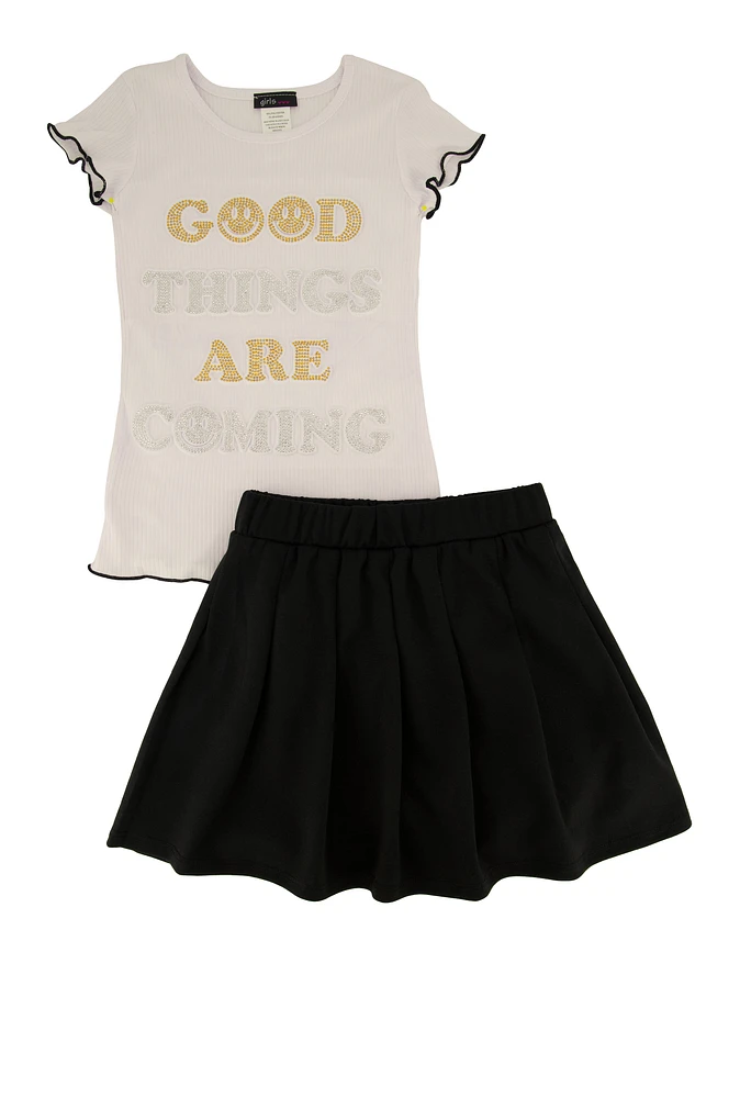 Little Girls Good Things Are Coming Tee and Pleated Skirt, Black, Size 4