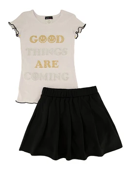 Little Girls Good Things Are Coming Tee and Pleated Skirt, Black, Size 6X