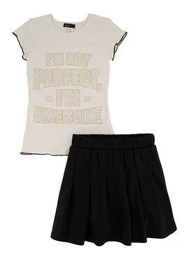 Little Girls Im Not Perfect 3D Graphic Tee and Pleated Skirt, Black, Size 6X