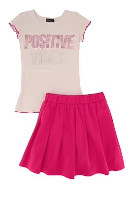 Little Girls Rhinestone Positive Vibes Tee and Pleated Skirt, Pink,