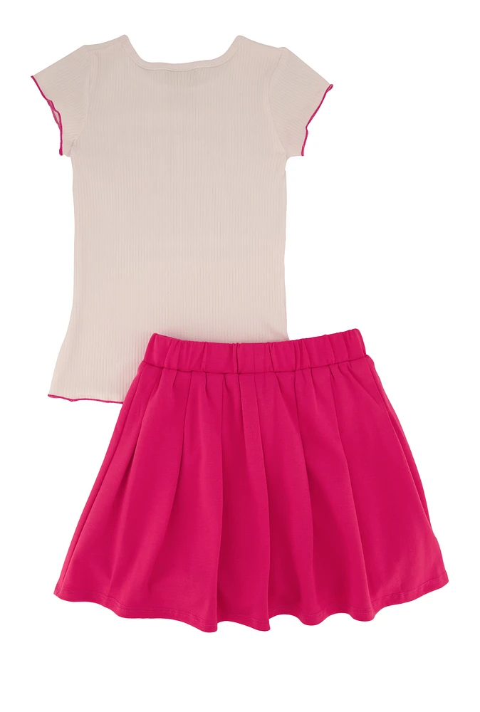 Little Girls Rhinestone Positive Vibes Tee and Pleated Skirt, Pink,