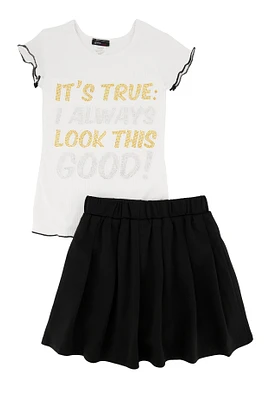 Little Girls Its True 3D Graphic Tee and Pleated Skirt, Black,