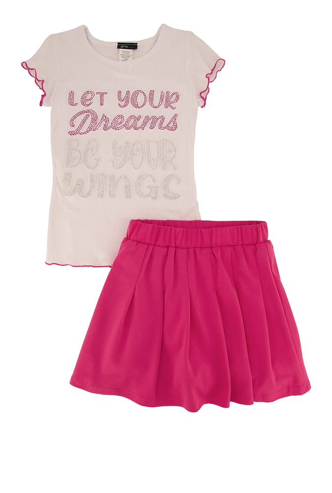 Little Girls Let Your Dreams 3D Graphic Tee and Pleated Skirt, Pink, Size 4