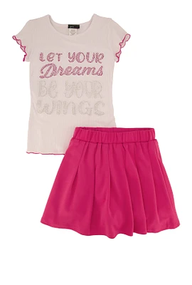 Little Girls Let Your Dreams 3D Graphic Tee and Pleated Skirt, Pink, Size 4