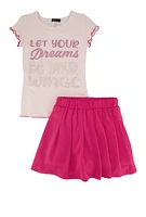 Little Girls Let Your Dreams 3D Graphic Tee and Pleated Skirt, Pink, Size 4