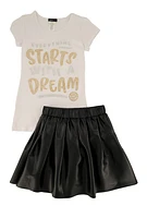 Little Girls Everything Starts With A Dream Top and Pleated Skirt, White,