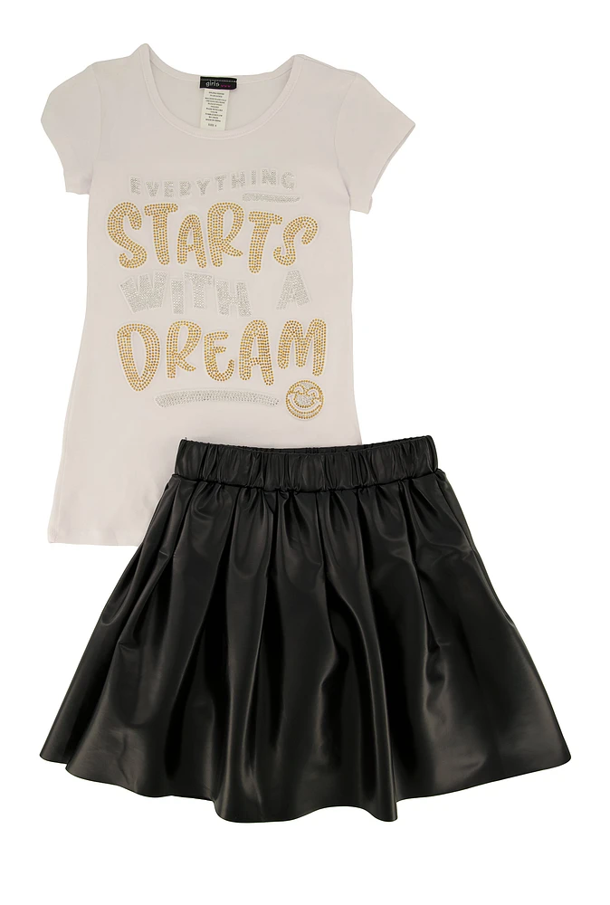 Little Girls Everything Starts With A Dream Top and Pleated Skirt, White, Size 4