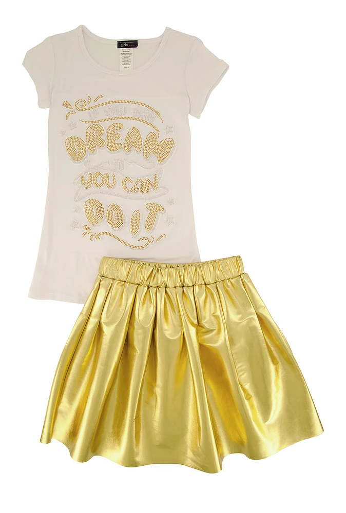 Little Girls Rhinestone Graphic Top and Faux Leather Pleated Skort, Yellow, Size 6X