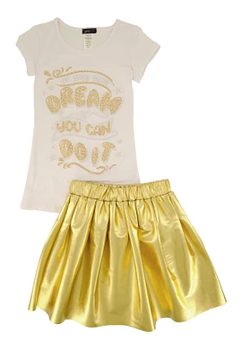 Little Girls Rhinestone Graphic Top and Faux Leather Pleated Skort, Yellow, Size 6X