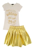 Little Girls Rhinestone Graphic Top and Faux Leather Pleated Skort, Yellow, Size 6X