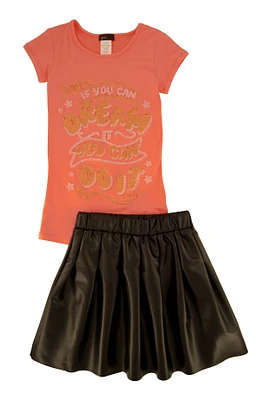 Little Girls Rhinestone Graphic Top and Faux Leather Pleated Skort, Pink, Size 6X