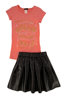 Little Girls Rhinestone Graphic Top and Faux Leather Pleated Skort, Pink, Size 4