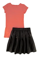 Little Girls Rhinestone Graphic Top and Faux Leather Pleated Skort, Pink, Size 4