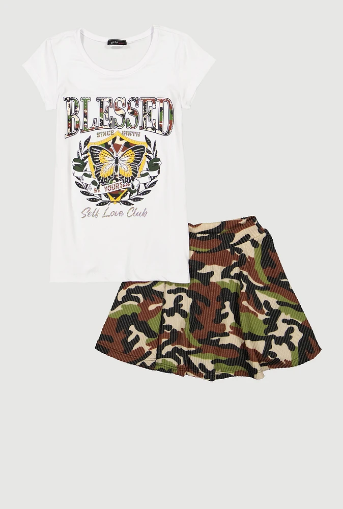 Little Girls Blessed Rhinestone Graphic Tee and Camo Skort, Multi, Size 4