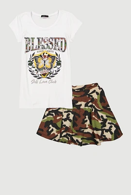 Little Girls Blessed Rhinestone Graphic Tee and Camo Skort, Multi, Size 4