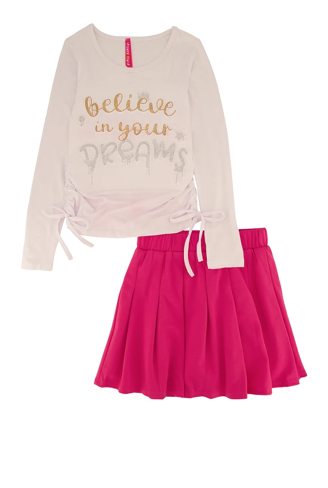 Little Girls Believe In Your Dreams Top and Pleated Skirt, Pink, Size 4