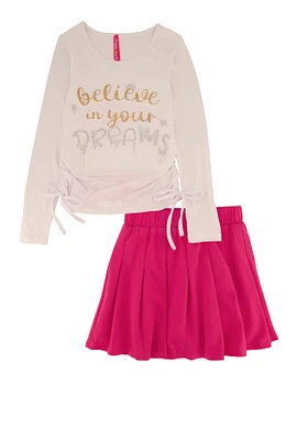 Little Girls Believe Your Dreams Top and Pleated Skirt, Pink,