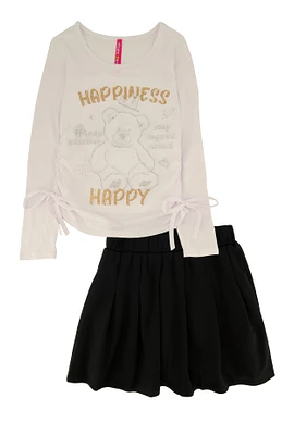 Little Girls Happiness Bear Rhinestone Graphic Top and Pleated Skirt, Black, Size 4