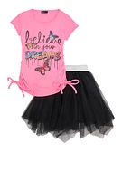 Little Girls Believe Rhinestone Graphic Tee with Tutu Skirt, Pink,