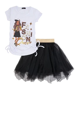 Little Girls Fashion Queen Tee with Tutu Skirt, White, Size 4