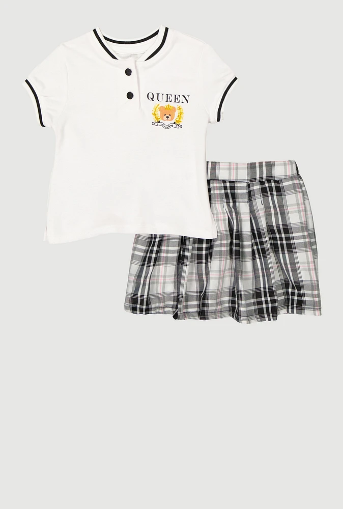 Little Girls Queen Of Everything Graphic Tee and Plaid Skort, Multi, Size 4