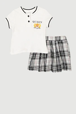 Little Girls Queen Of Everything Graphic Tee and Plaid Skort, Multi, Size 4