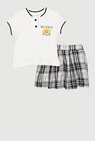 Little Girls Queen Of Everything Graphic Tee and Plaid Skort, Multi, Size 4