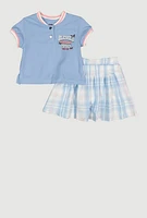 Little Girls Blessed Everyday Glitter Top and Plaid Skort, Blue, Size 5-6