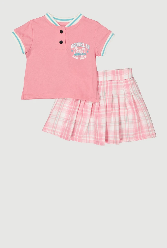 Little Girls Brooklyn New York Graphic Tee and Plaid Skort, Pink, Size 5-6