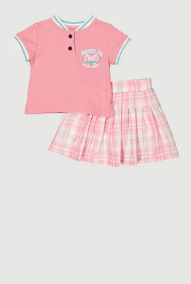 Little Girls Brooklyn New York Graphic Tee and Plaid Skort, Pink, Size 5-6