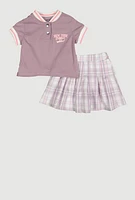 Little Girls New York Varsity Polo Shirt and Plaid Skirt, Purple,