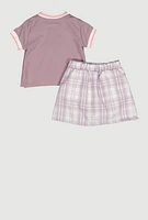 Little Girls New York Varsity Polo Shirt and Plaid Skirt, Purple,