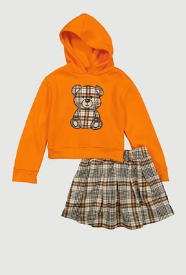 Little Girls Plaid Bear Hoodie and Pleated Skirt, Orange, Size 4