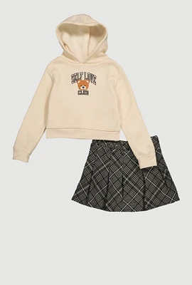 Little Girls Self Love Club Sweatshirt and Plaid Skirt, Beige,