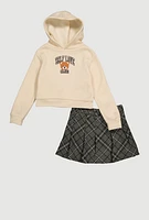 Little Girls Self Love Club Sweatshirt and Plaid Skirt, Beige, Size 4