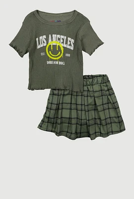 Little Girls Los Angeles Smiley Top and Plaid Skirt, Green, Size 5-6