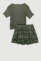 Little Girls Los Angeles Smiley Top and Plaid Skirt, Green, Size 5-6