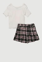 Little Girls New York Bear Top and Plaid Skirt, Multi, Size 5-6