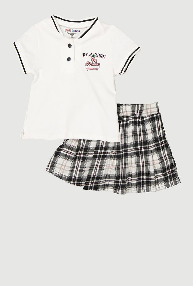 Little Girls New York Dreamer Graphic Henley Top and Plaid Skort, Multi, Size 6X