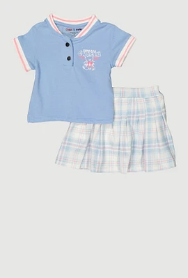 Little Girls Dream Chaser Varsity Polo Shirt and Plaid Skirt, Blue,