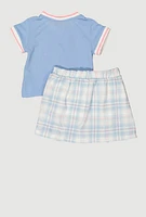 Little Girls Dream Chaser Varsity Polo Shirt and Plaid Skirt, Blue,