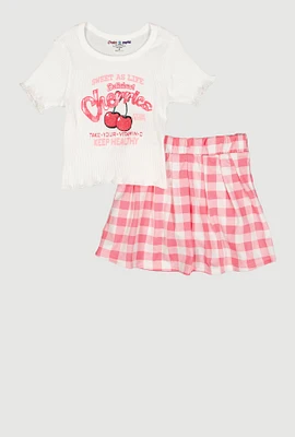 Little Girls Cherries Graphic Tee and Pleated Skort, Pink, Size 6X