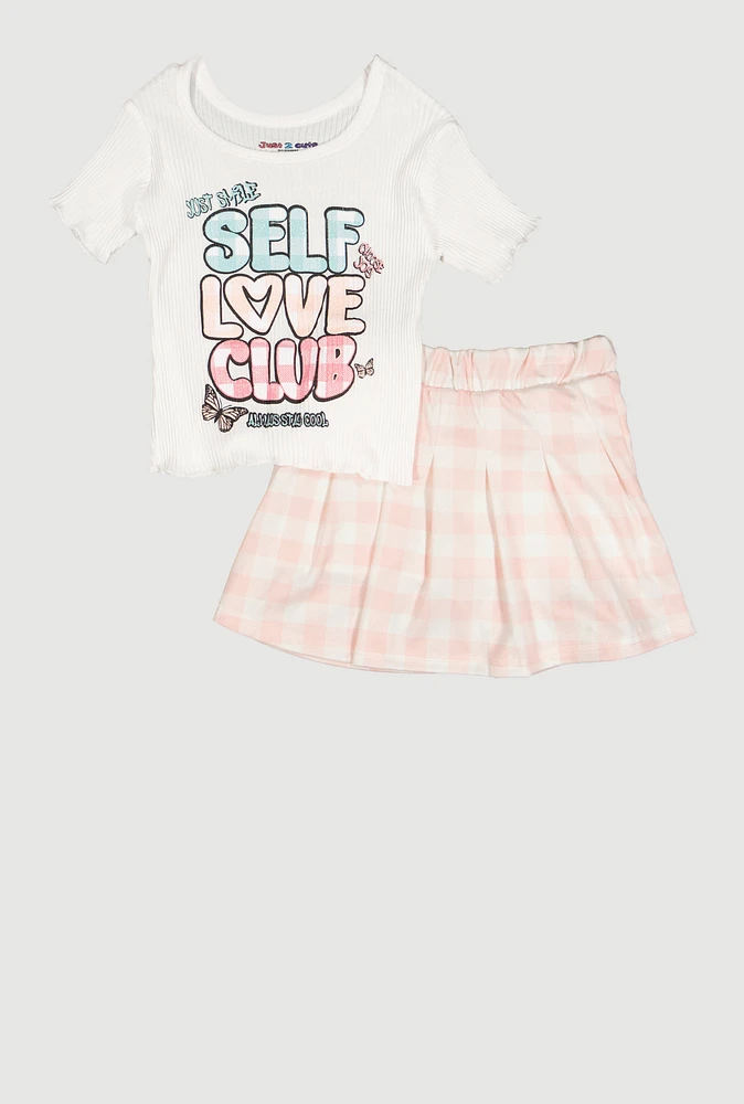 Little Girls Self Love Club Glitter Top and Plaid Skort, Pink, Size 5-6