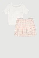 Little Girls Self Love Club Glitter Top and Plaid Skort, Pink, Size 5-6