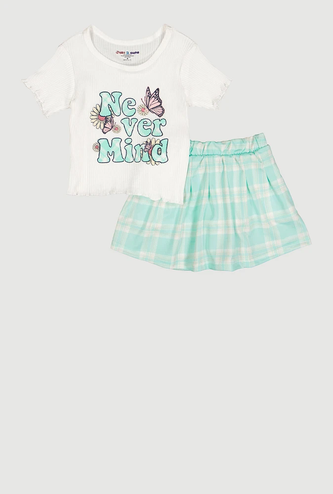 Little Girls Never Mind Glitter Top and Plaid Skirt, Green, Size 6X