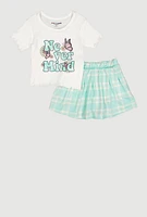 Little Girls Never Mind Glitter Top and Plaid Skirt, Green, Size 6X